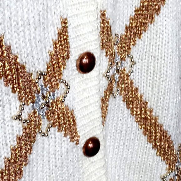 Y2k Jaclyn Smith Argyle Cardigan Sweater Medium Holiday Festive Cream Glitter Wa - Picture 2 of 9